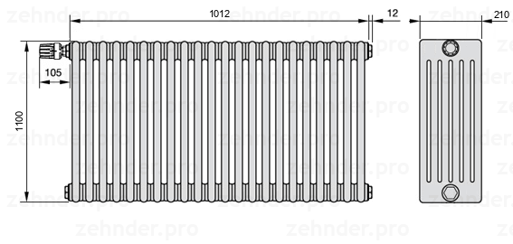 Схема (чертеж) Радиатор Zehnder Charleston 6110/22 №V011 Белый глянцевый RAL 9016